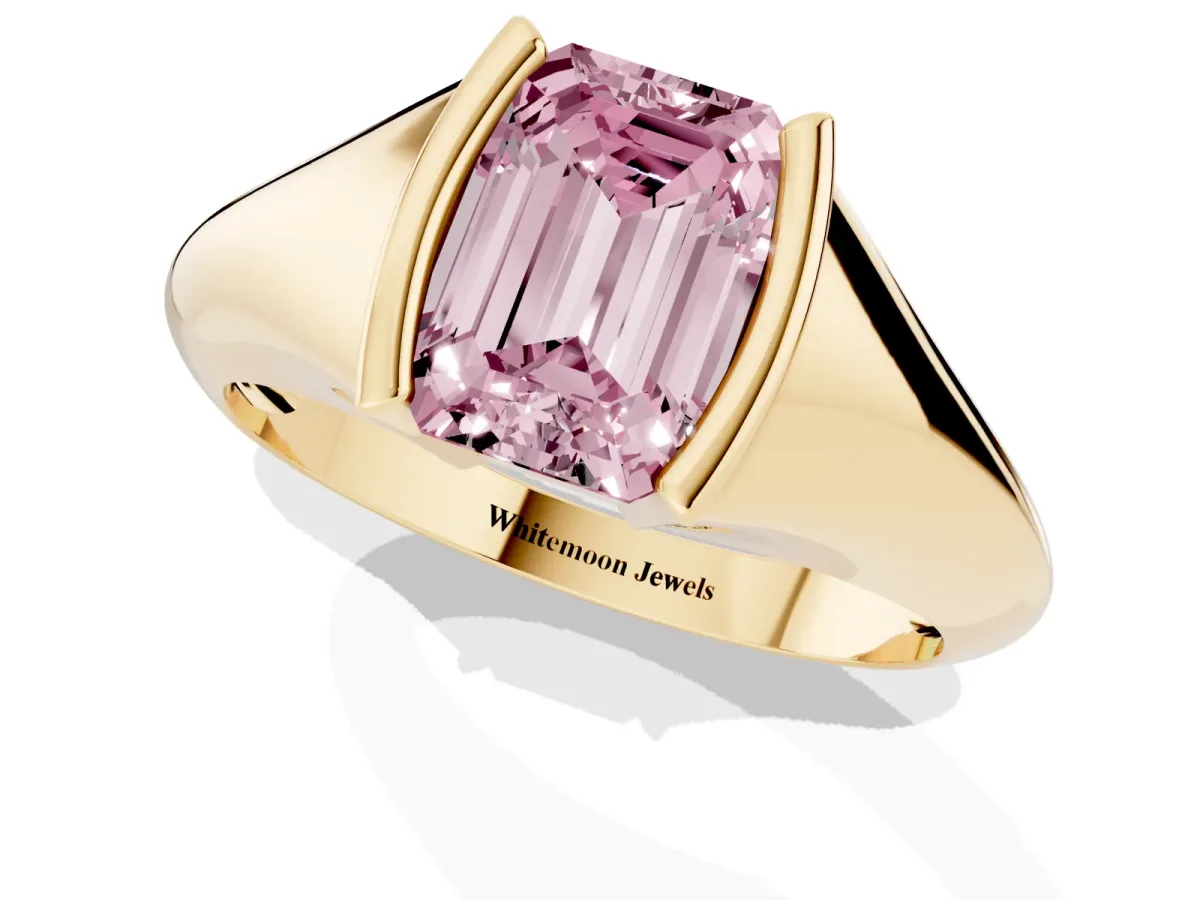 Fancy Pink Emerald Cut Solitaire Tension Set Diamond Ring Yellow gold