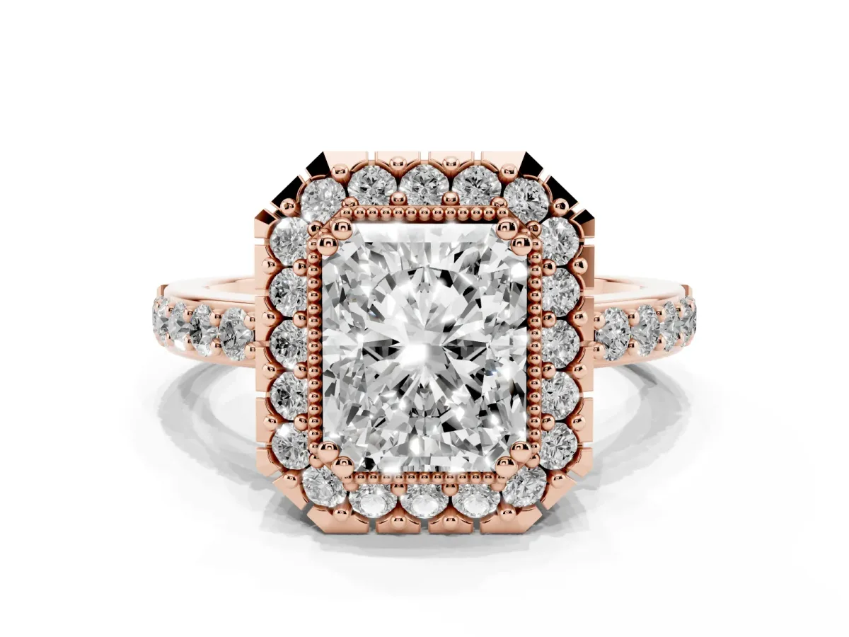 Radiant Cut Diamond Halo Ring with Pavé Band and Prong Setting Rose gold