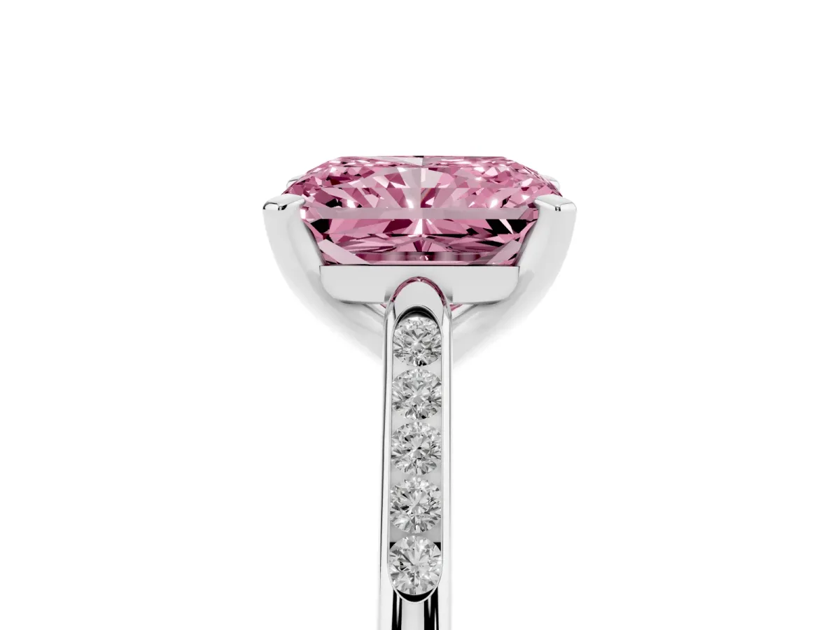 Fancy Pink Radiant Cut Diamond Solitaire Ring with Channel Set Round Band and Prong Setting Silver