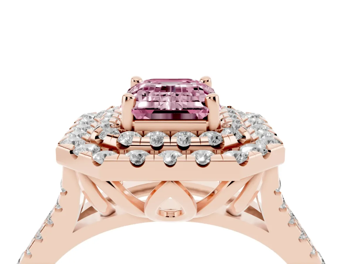 Fancy Pink Double Halo Emerald Cut Diamond Pavé Split Shank Ring with Prong Setting Rose gold