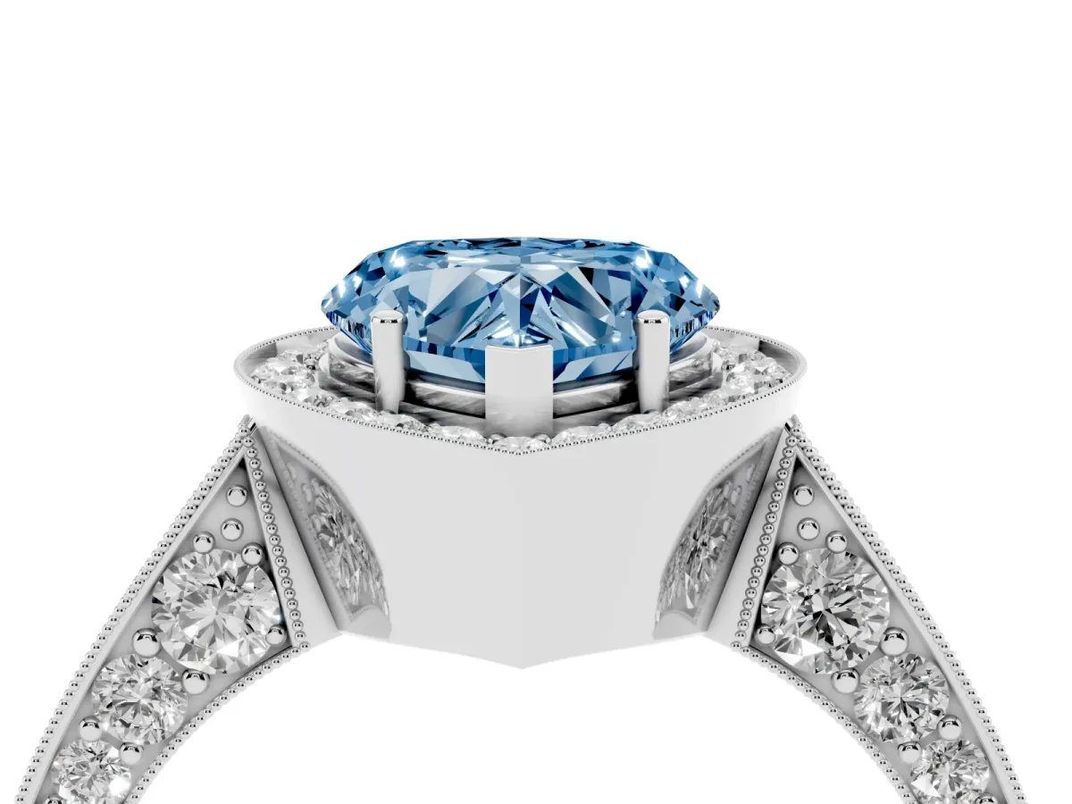 Fancy Blue Heart Cut Halo Diamond Engagement Ring with Split Shank Band and Four-Prong Setting Silver