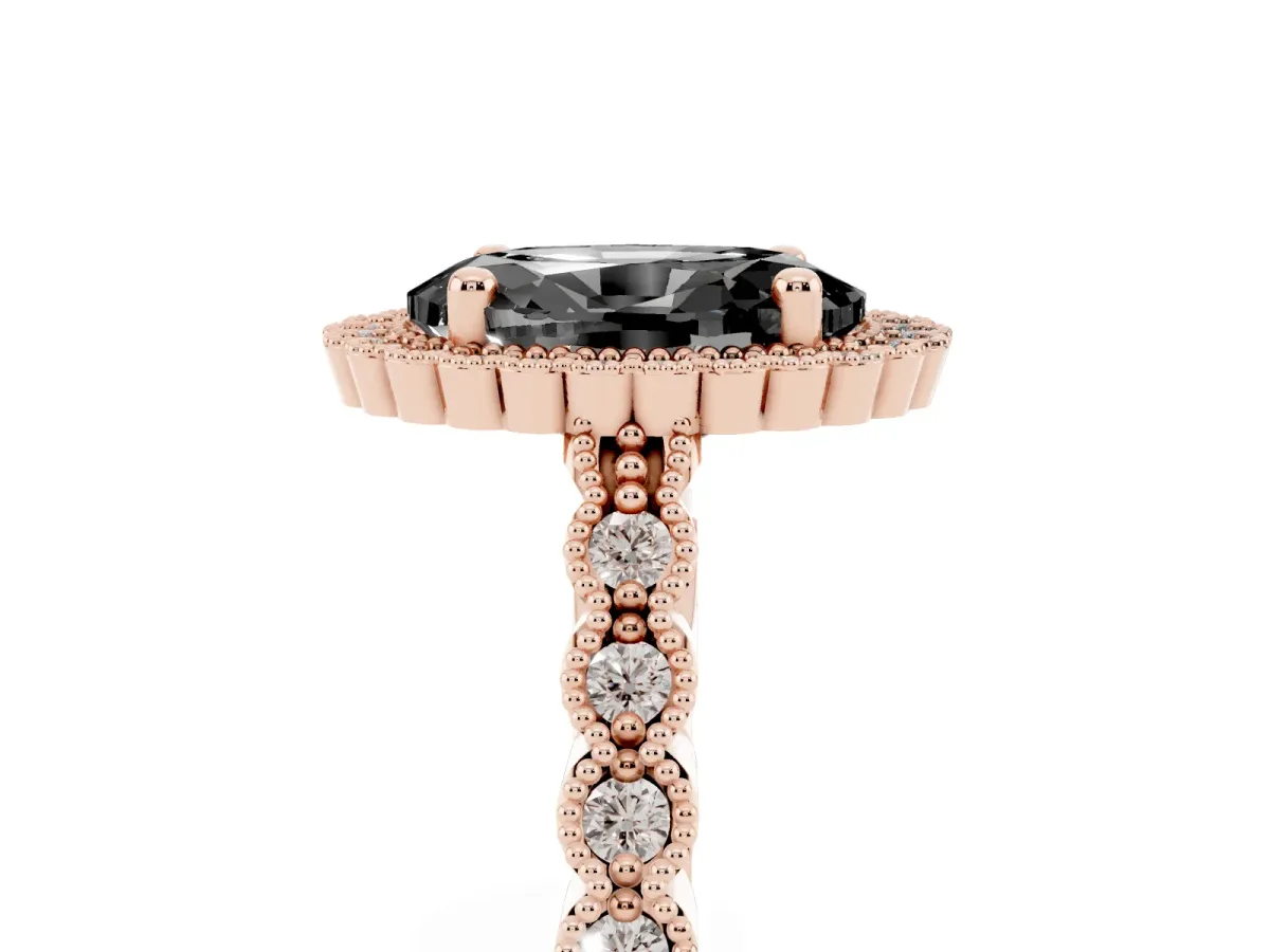 Fancy Black Oval Cut Cut Halo Pavé Solitaire Ring with Milgrain Band Rose gold
