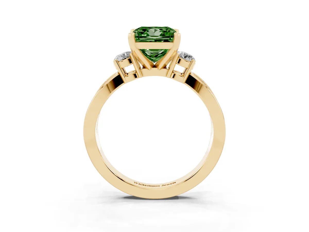 Fancy Green Three-Stone Princess Cut Cut Diamond Twist Band with Prong Setting Yellow gold