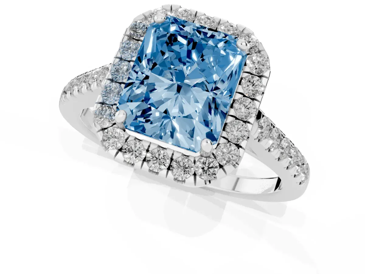 Fancy Blue Radiant Cut Halo Pave Diamond Engagement Ring with Four-Prong Setting Silver