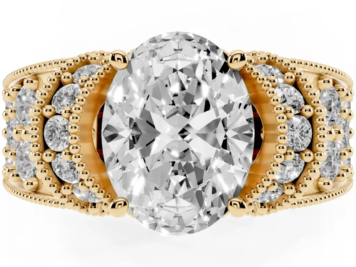Oval Cut Halo Pave Diamond Engagement Ring with Milgrain Detailing Yellow gold