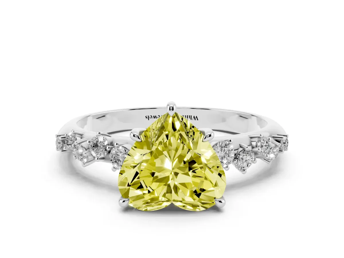 Fancy Yellow Heart Cut Diamond Cluster Side Stone Solitaire Ring with Prong Setting Silver