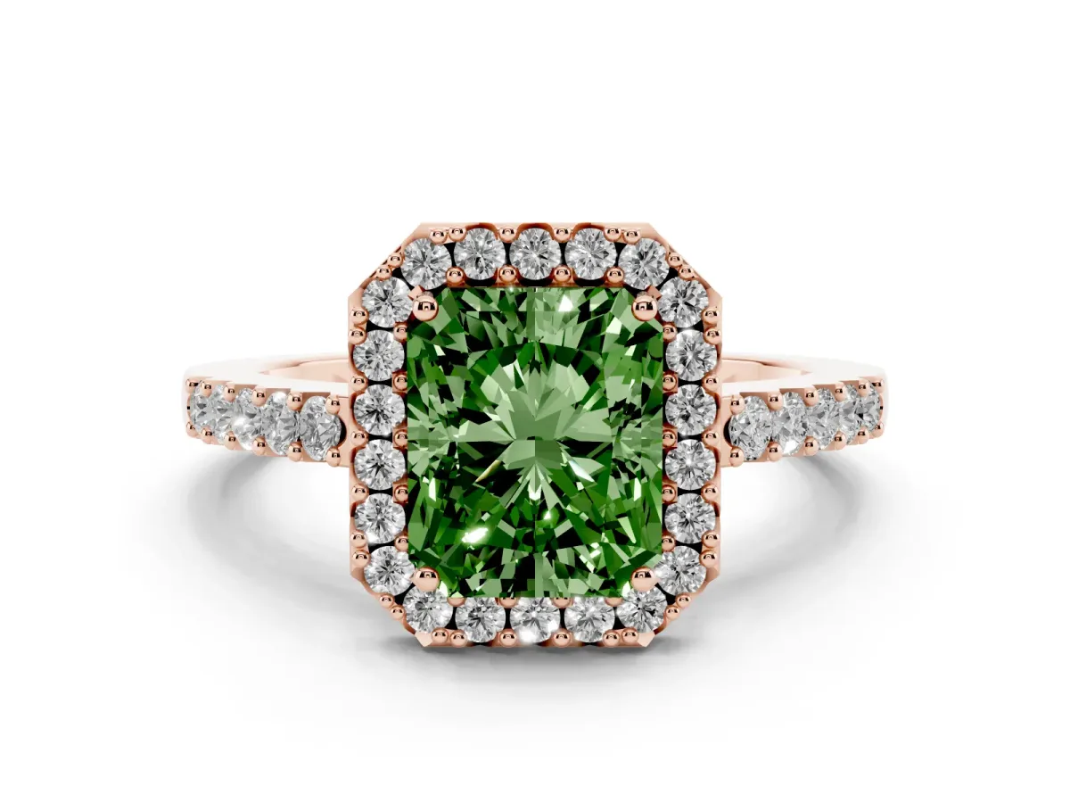 Fancy Green Radiant Cut Halo Diamond Pavé Solitaire Ring Rose gold