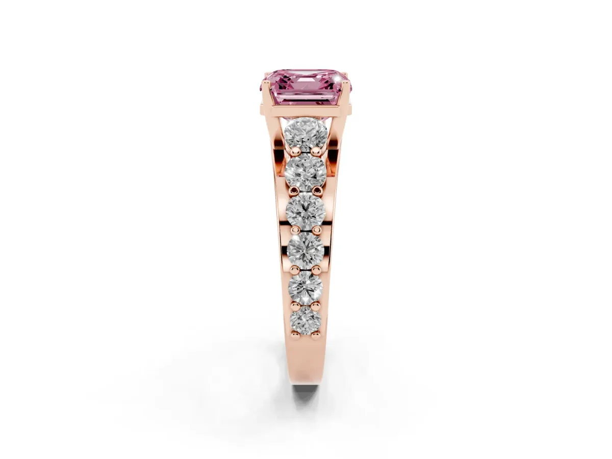 Fancy Pink Asscher Cut Diamond Engagement Ring with Pavé Band and Four-Prong Setting Rose gold