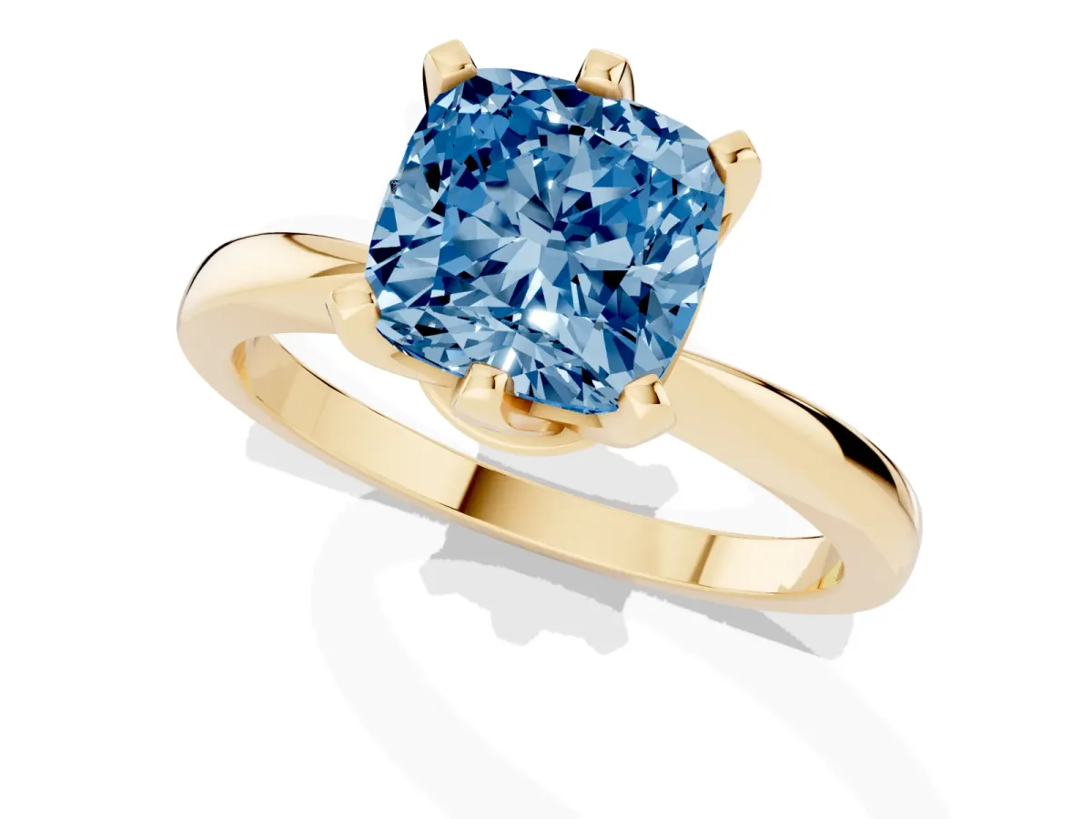 Fancy Blue Cushion Cut Solitaire Engagement Ring with Six-Prong Setting and Tapered Band Yellow gold