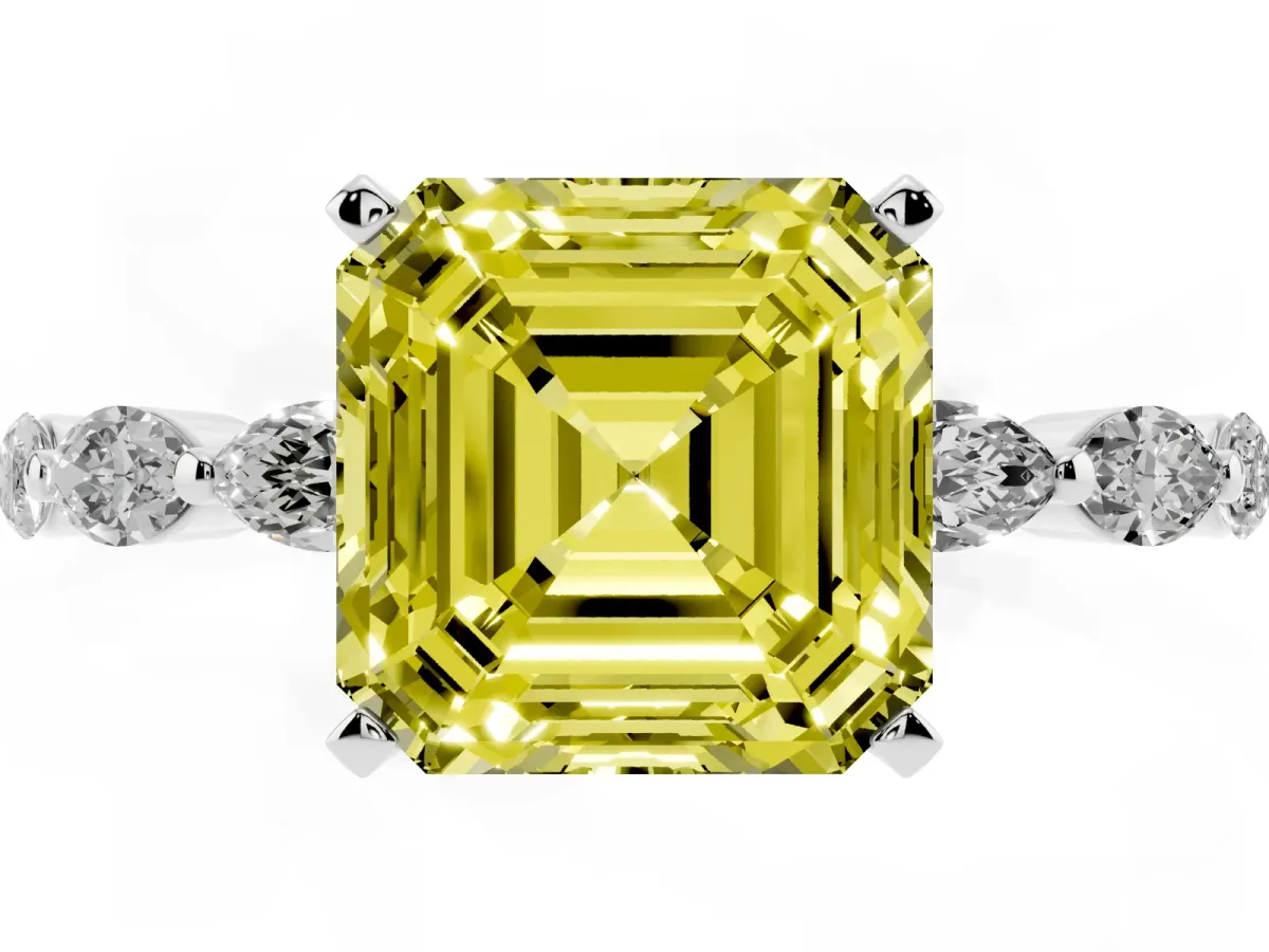 Fancy Yellow Asscher Cut Diamond Ring with Marquise Side Stones and Prong Setting Platinum