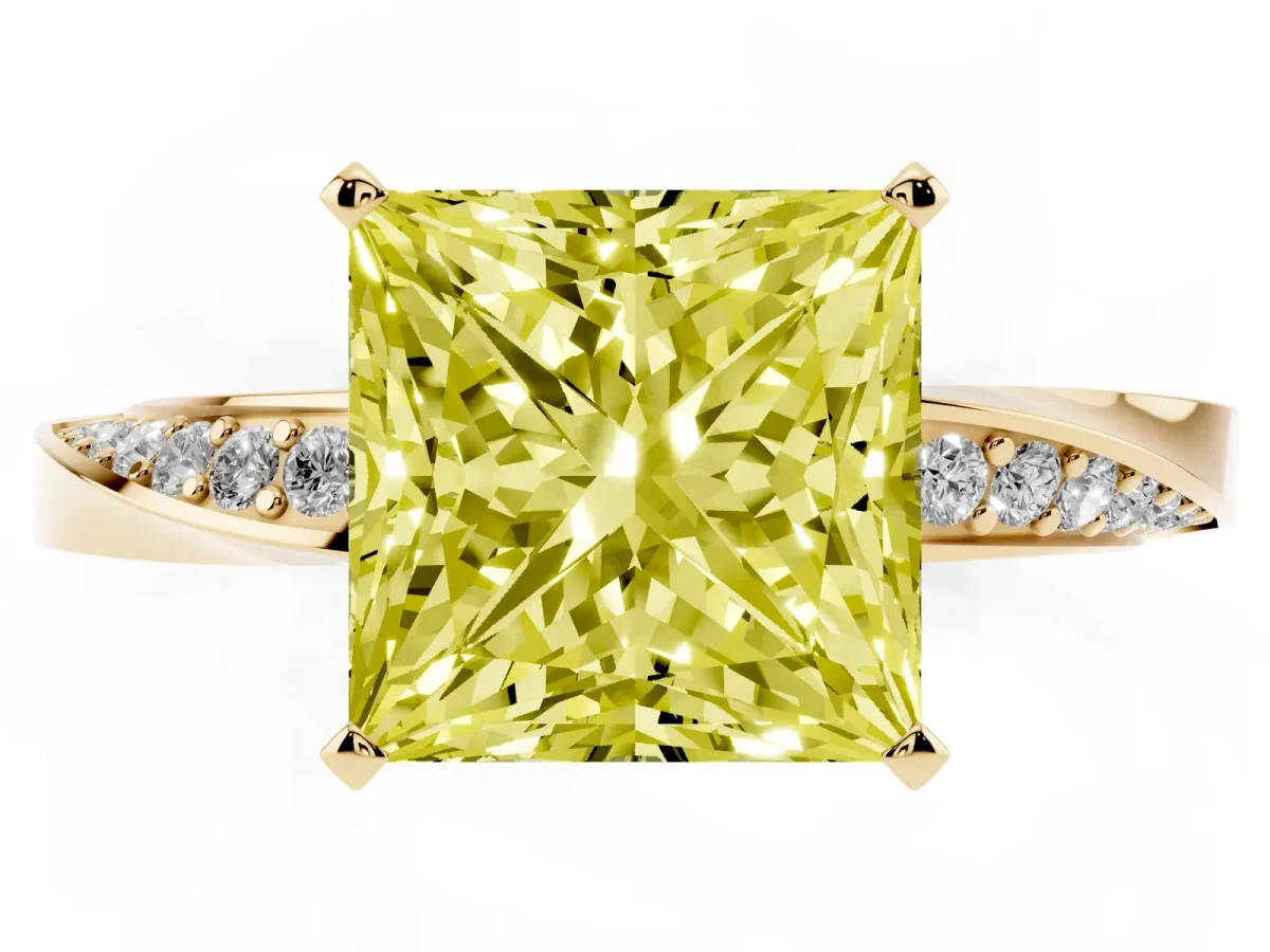 Fancy Yellow Princess Cut Diamond Engagement Ring with Side Stone Accents and Four-Prong Setting Yellow gold