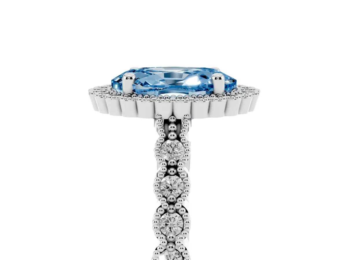 Fancy Blue Oval Cut Cut Halo Pavé Solitaire Ring with Milgrain Band Silver