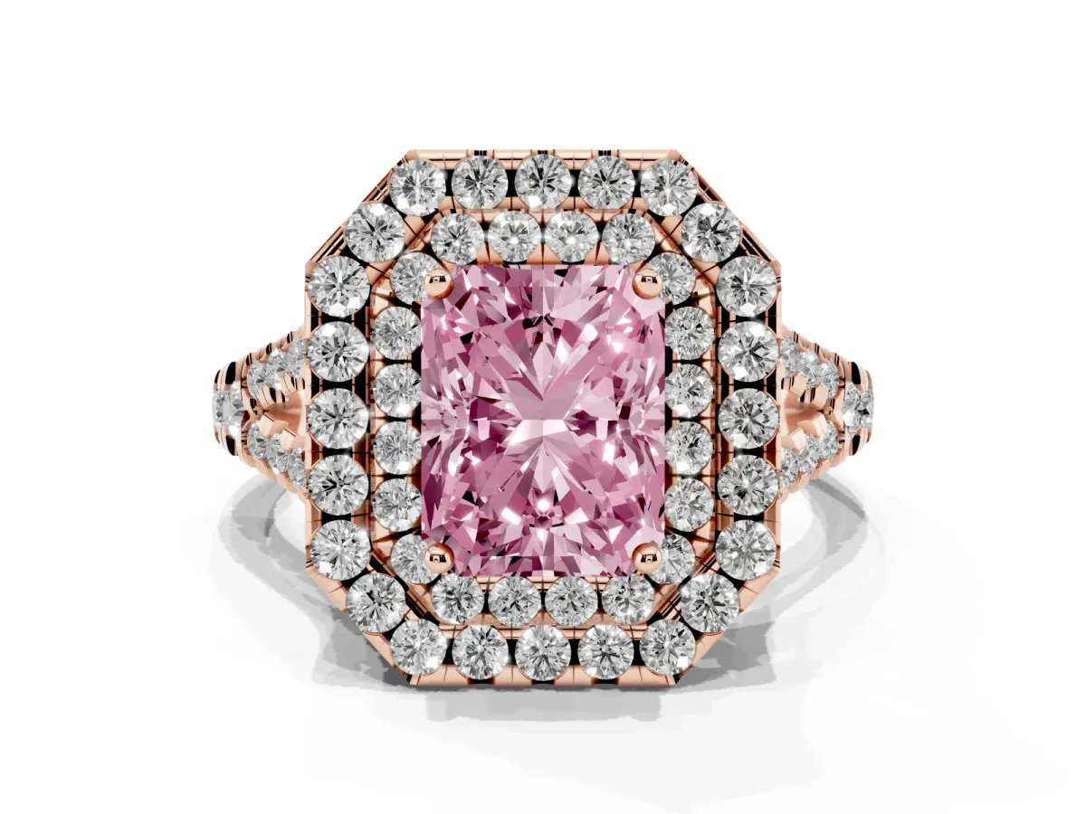 Fancy Pink Double Halo Radiant Cut Diamond Pavé Split Shank Ring with Prong Setting Rose gold