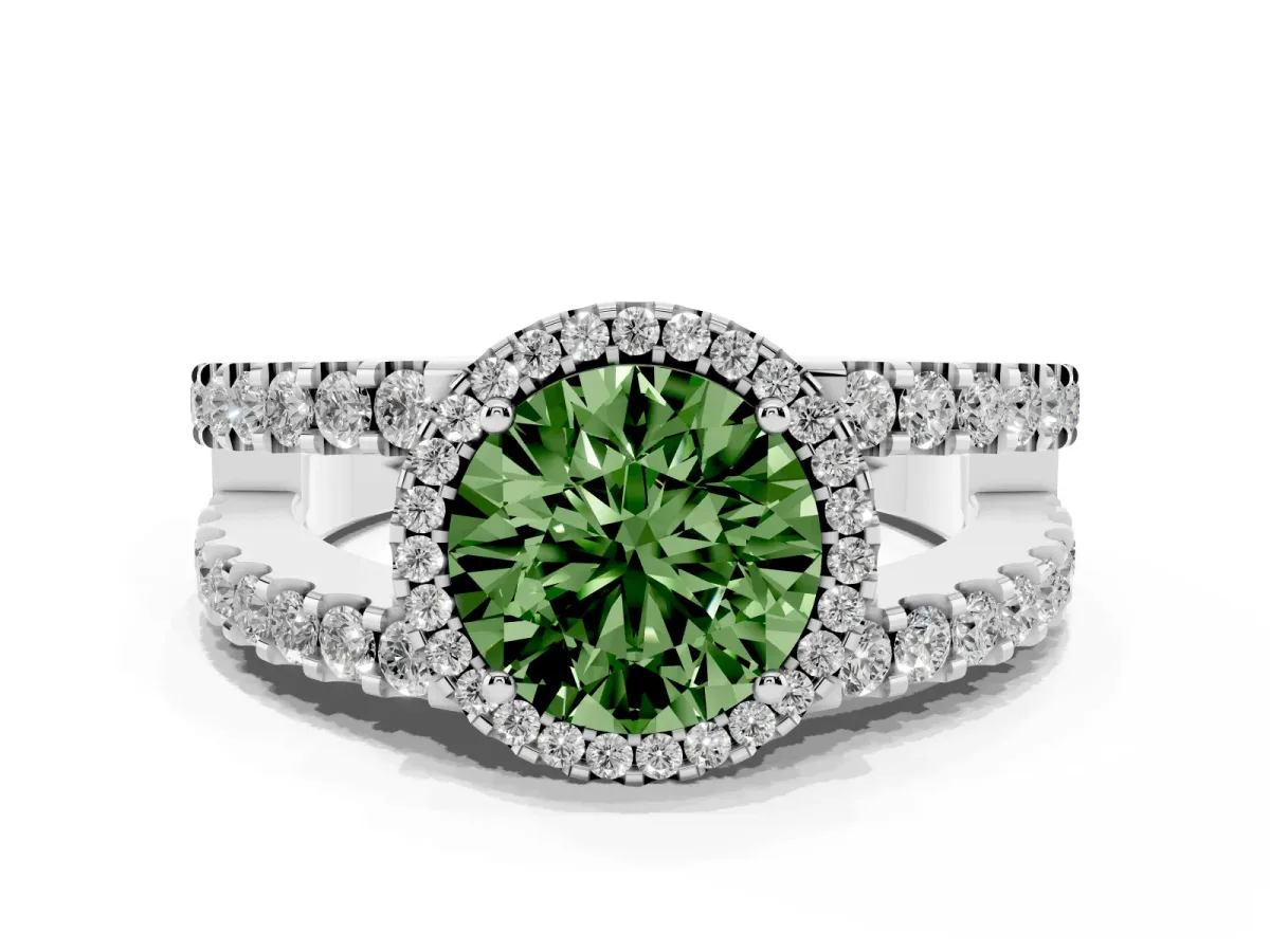 Fancy Green Round Cut Cut Halo Split Shank Diamond Ring with Four-Prong Setting Platinum