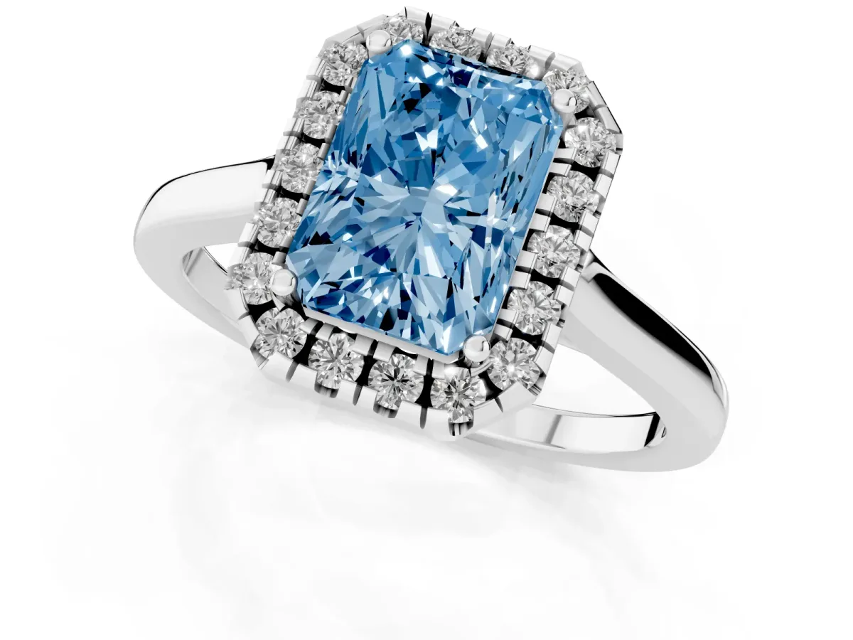 Fancy Blue Radiant Cut Halo Round Diamond Solitaire Ring with Pavé Band and Four-Prong Setting Silver