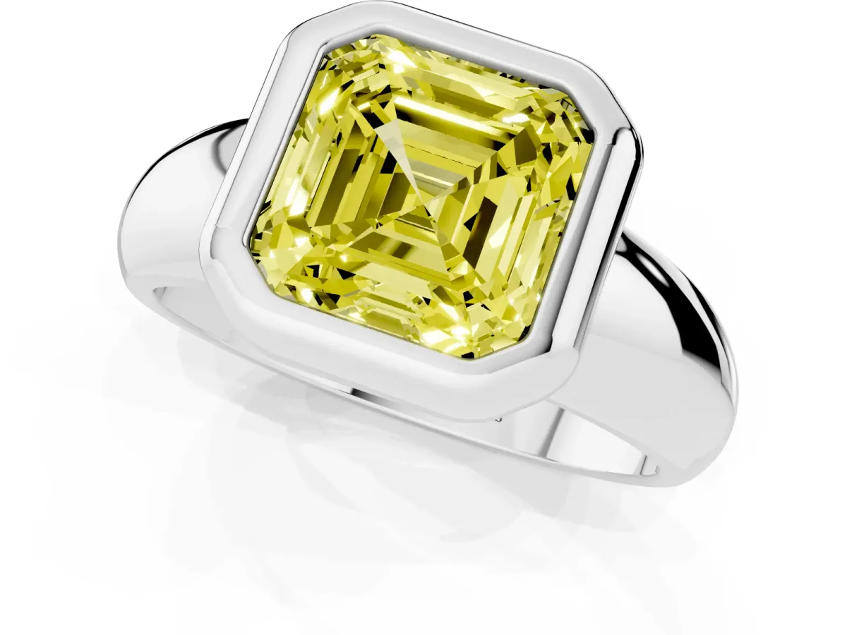 Fancy Yellow Bezel Set Asscher Cut Solitaire Ring with Wide Band Platinum
