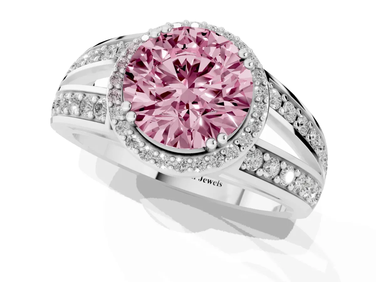 Fancy Pink Round Cut Diamond Halo Ring with Split Shank Pavé Band and Four-Prong Setting Platinum