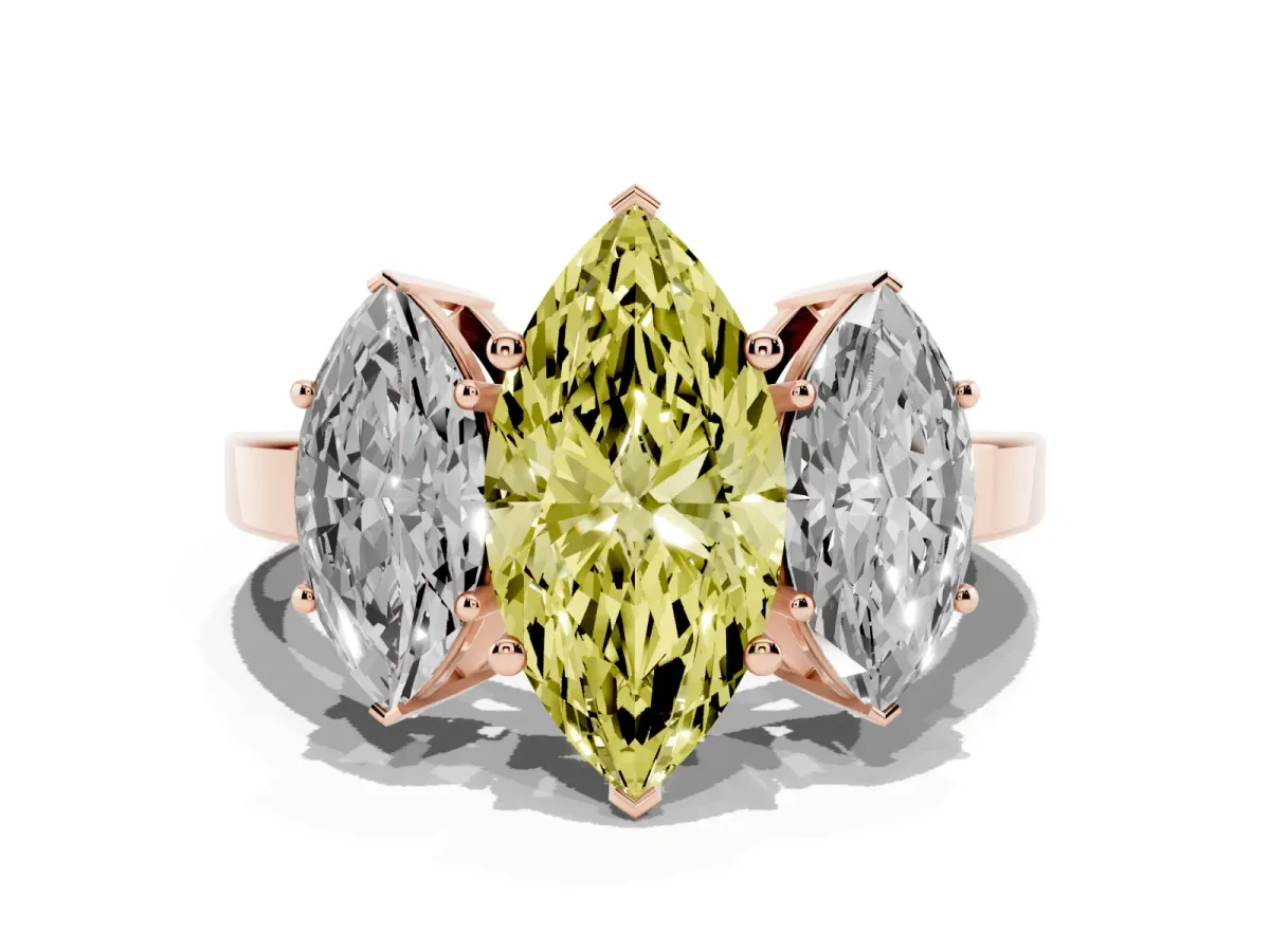 Fancy Yellow Three-Stone Marquise Cut Cut Diamond Engagement Ring with Flat Band and Four-Prong Setting Rose gold