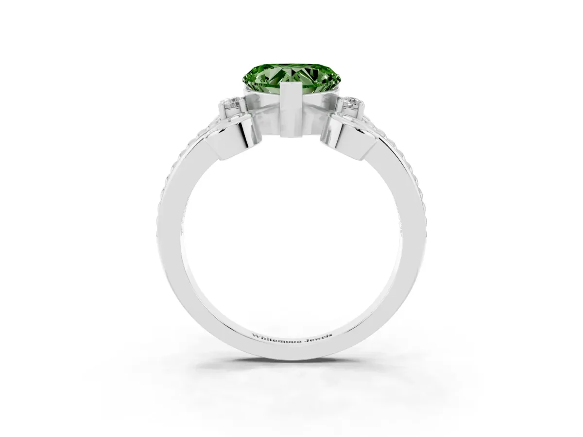 Fancy Green Heart Cut Solitaire Twisted Band Scroll Prong Ring White gold