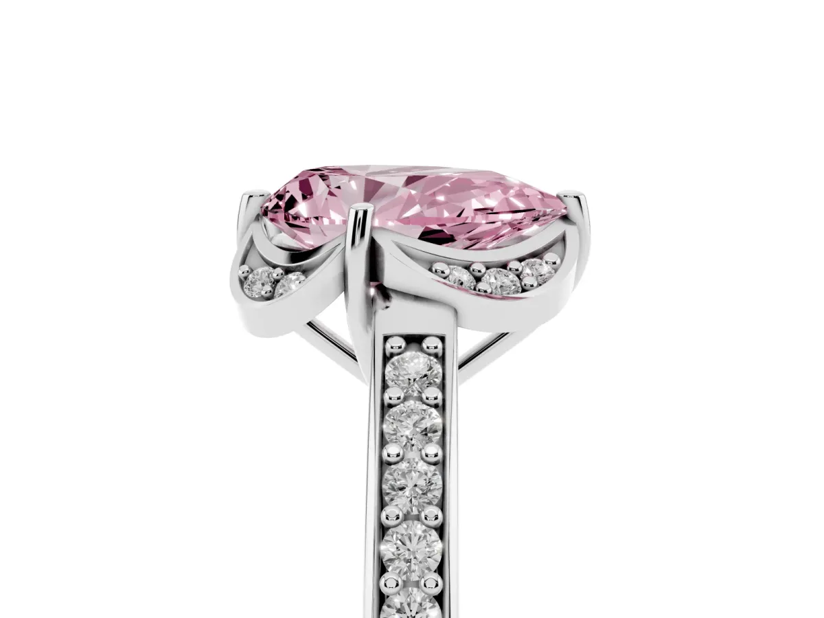 Fancy Pink Pear Cut Cut Halo Diamond Ring with Channel Set Band and Four-Prong Setting Platinum