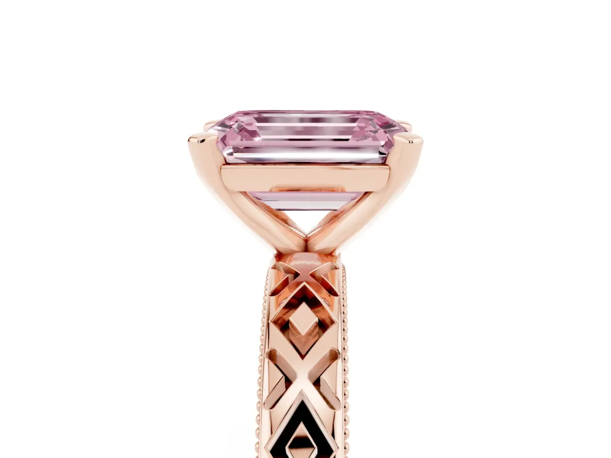 Fancy Pink Emerald Cut Solitaire Diamond Ring with Milgrain and Black Enamel X Pattern Band Rose gold