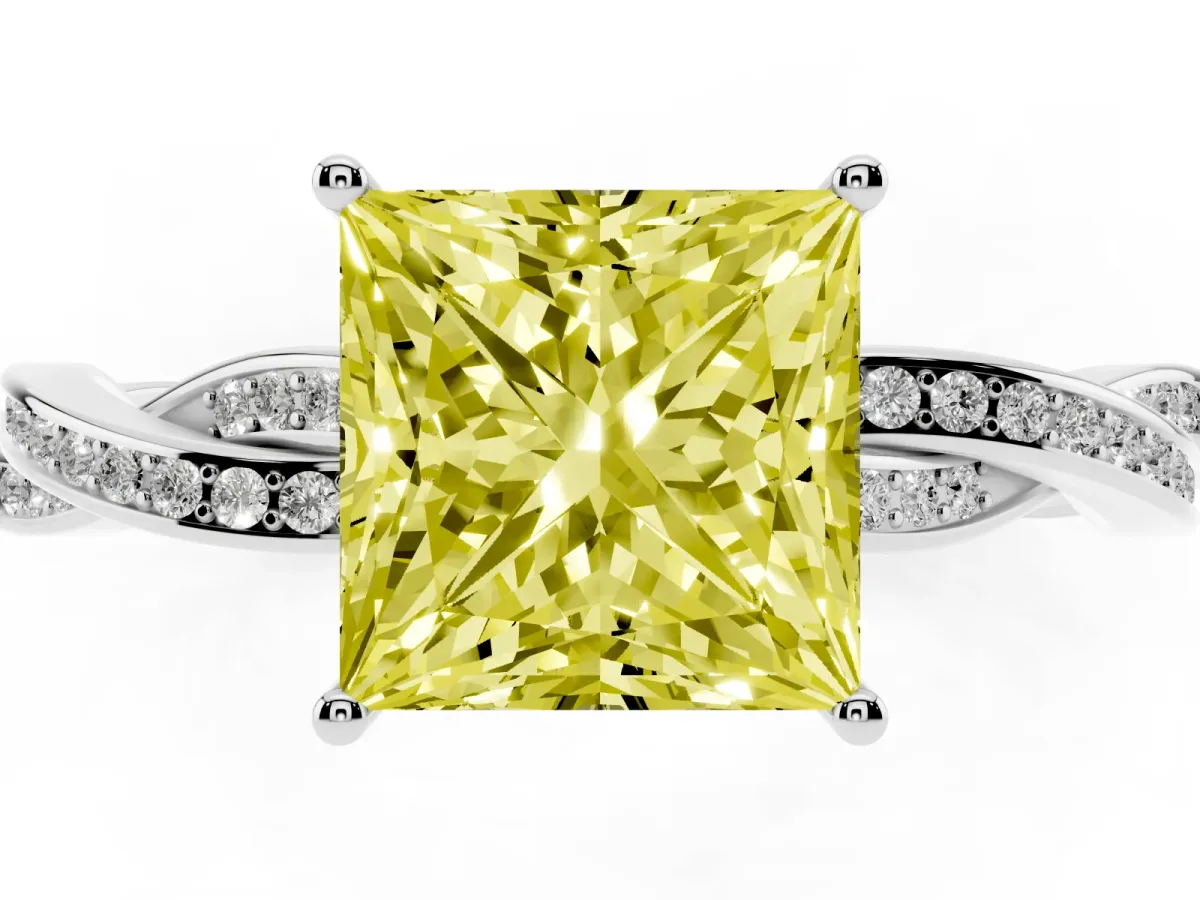 Fancy Yellow Princess Cut Solitaire Twisted Pave Diamond Ring with Four-Prong Setting Silver