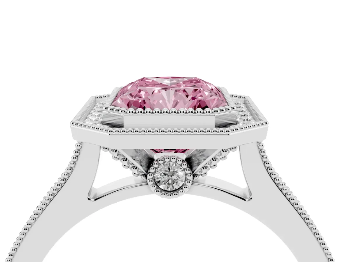 Fancy Pink Halo Radiant Cut-Cut Diamond Pave Band Milgrain Prong Setting Ring Silver