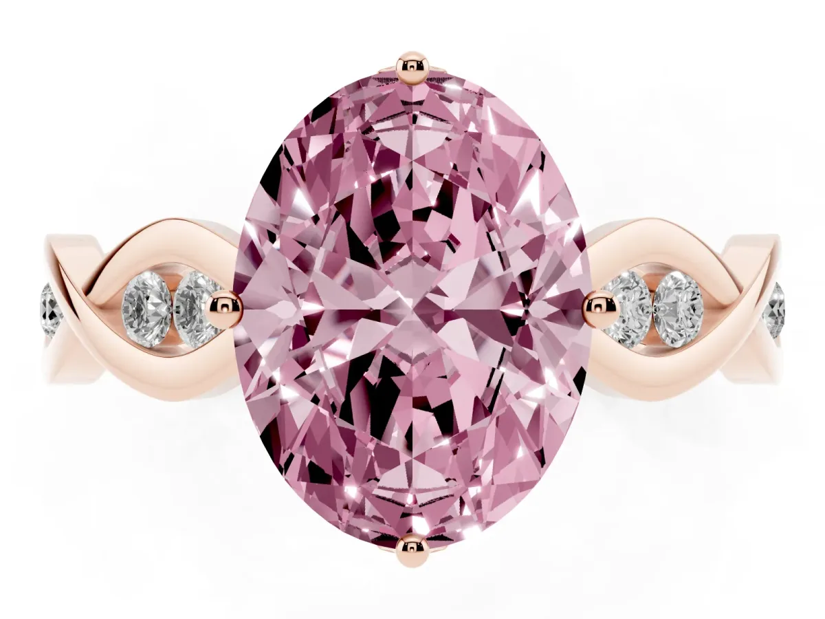 Fancy Pink Oval Cut Solitaire Twist Band with Leaf Prong Setting Rose gold