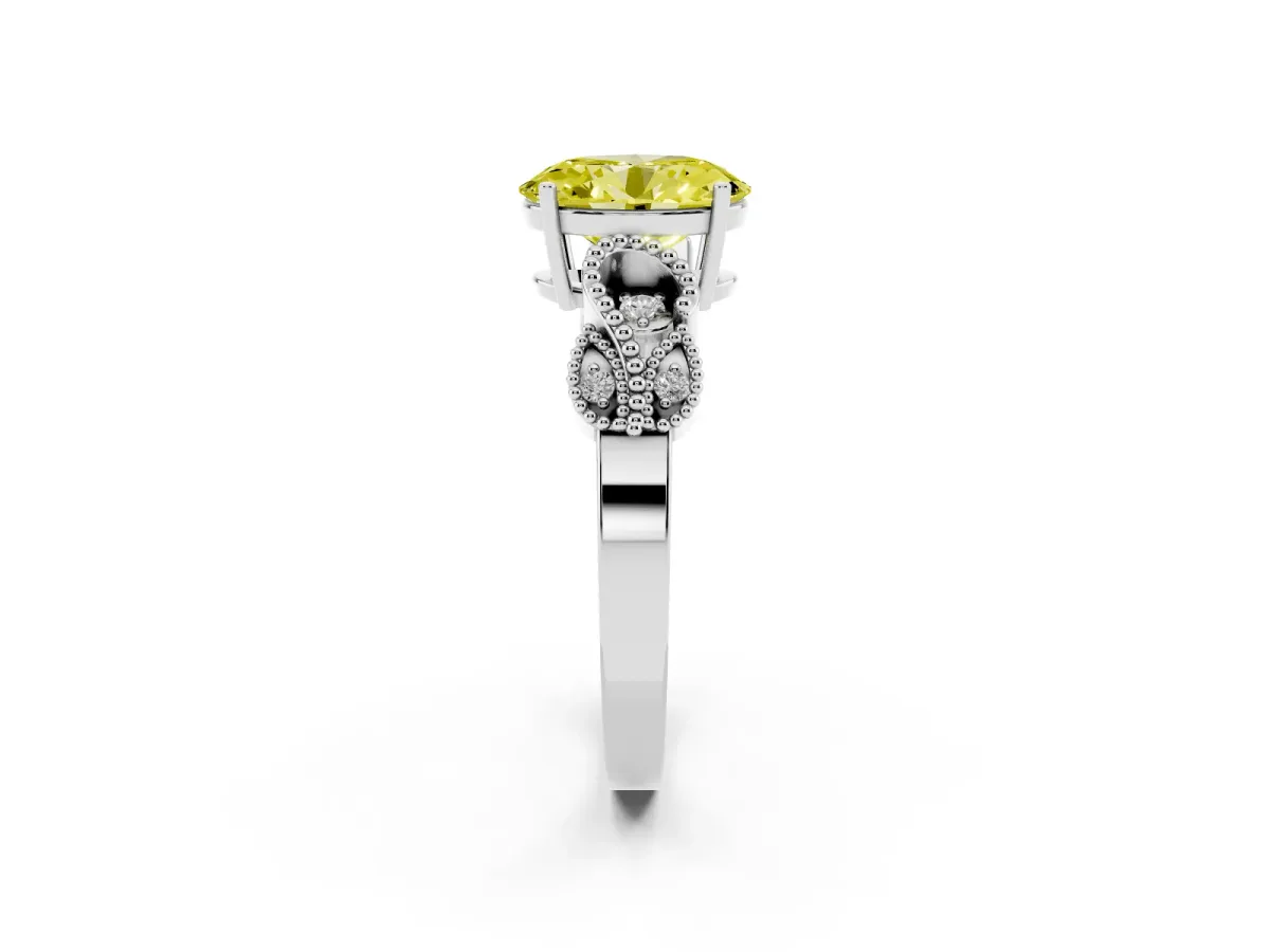 Fancy Yellow Oval Cut Solitaire Milgrain Leaf Band with Prong Setting White gold