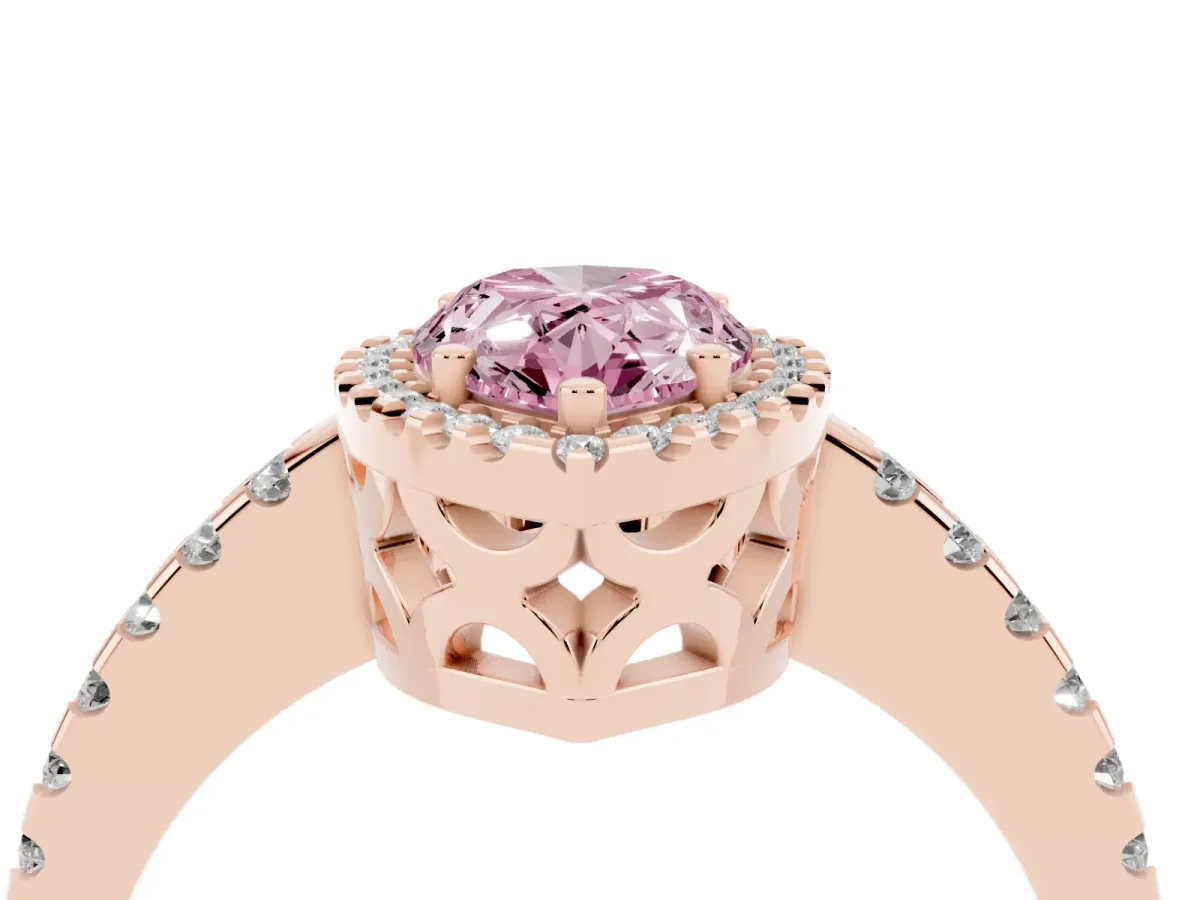 Fancy Pink Pear Cut Diamond Halo Engagement Ring with Pavé Band and Prong Setting Rose gold