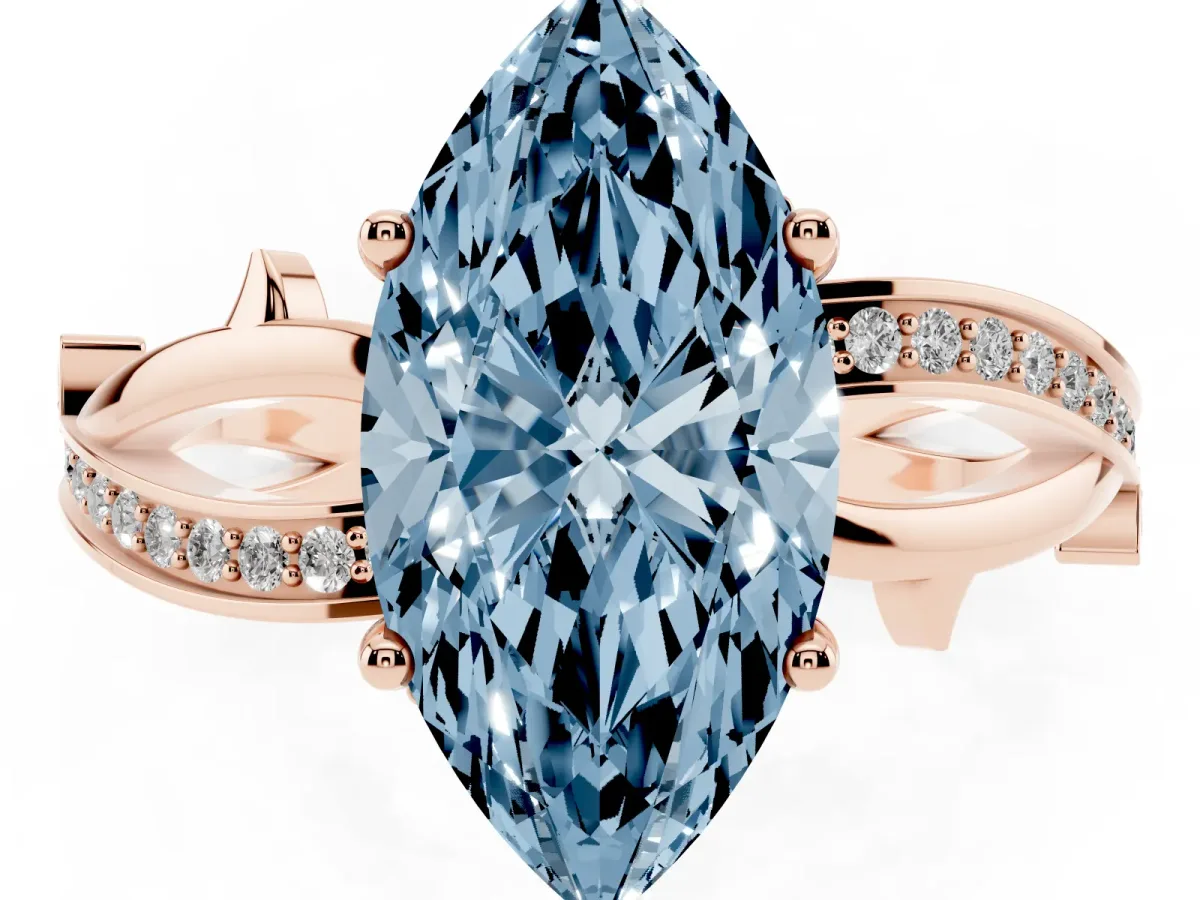 Fancy Blue Marquise Cut Solitaire Twist Band with Pavé Accents and Four-Prong Setting Rose gold