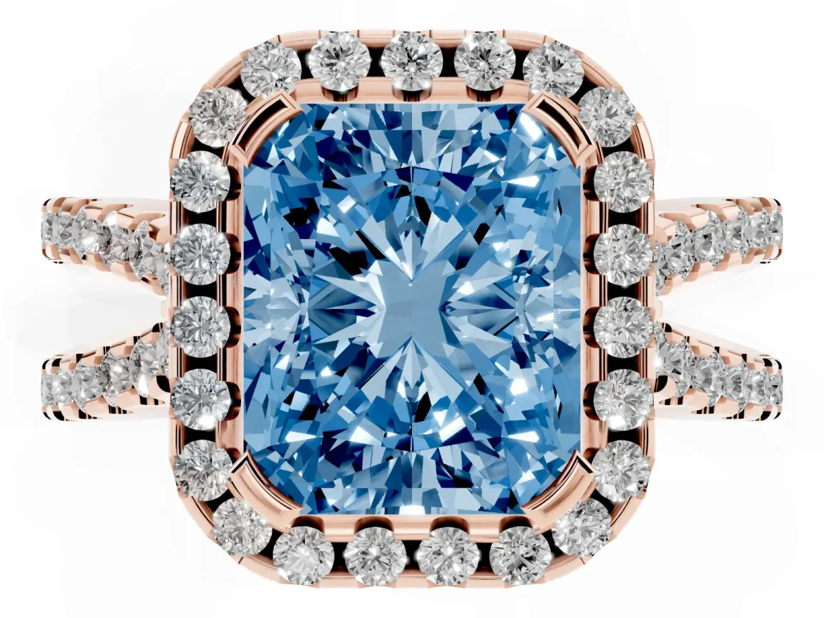 Fancy Blue Radiant Cut Diamond Halo Ring with Split Shank Pavé Band and Prong Setting Rose gold