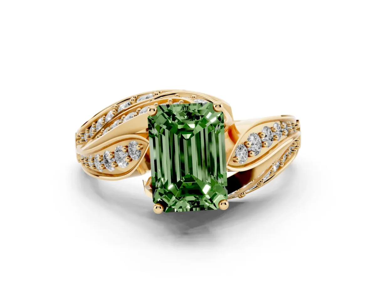 Fancy Green Emerald Cut Diamond Solitaire Ring with Prong Setting and Twisted Pavé Band Yellow gold