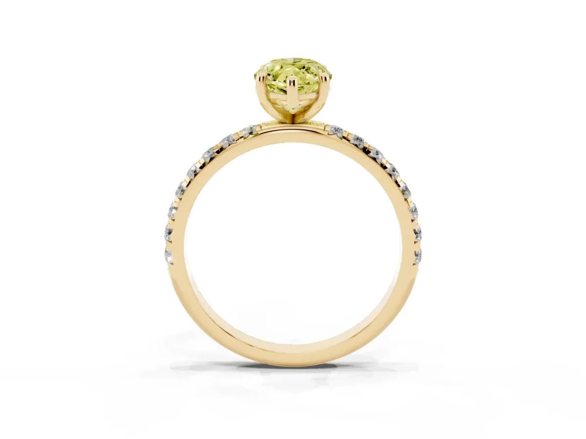 Fancy Yellow Marquise Cut Cut Diamond Solitaire Ring with Micro Pave Band and Four Prong Setting Yellow gold