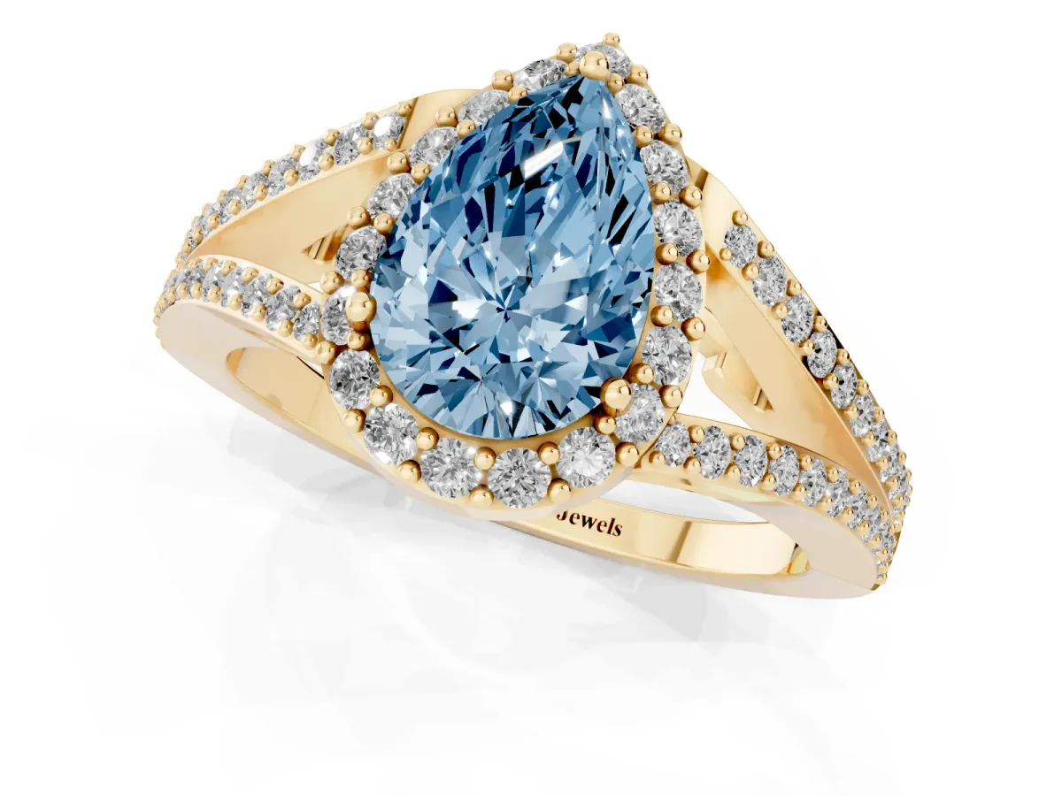 Fancy Blue Pear Cut Halo Split Shank Pave Diamond Ring with Four-Prong Setting Yellow gold