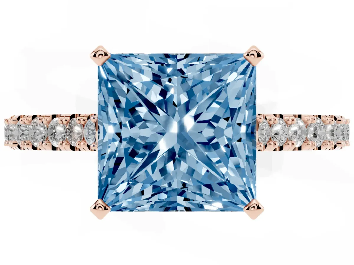 Fancy Blue Princess Cut Cut Solitaire Diamond Engagement Ring with Pave Band and Four-Prong Setting Rose gold