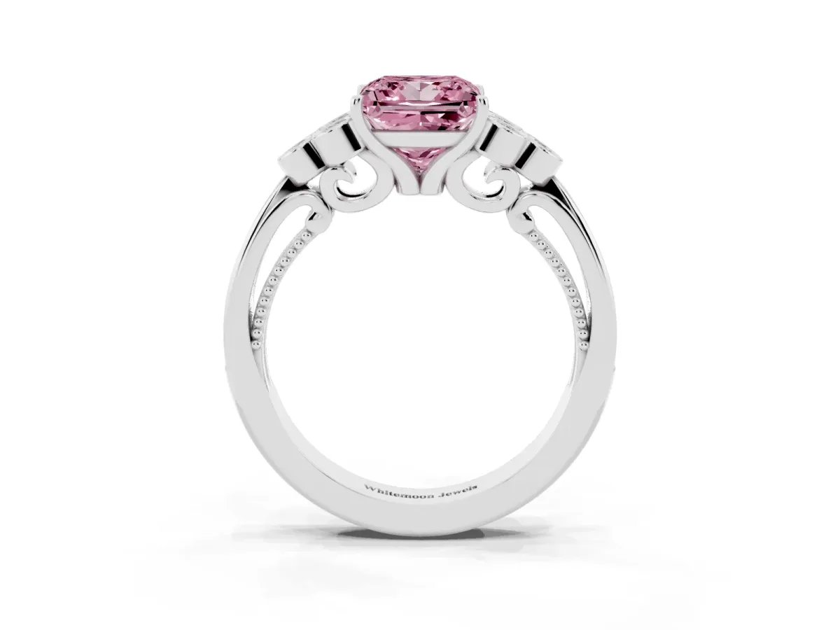 Fancy Pink Princess Cut Cut Diamond Engagement Ring with Bezel Set Round Side Stones and Prong Setting Silver