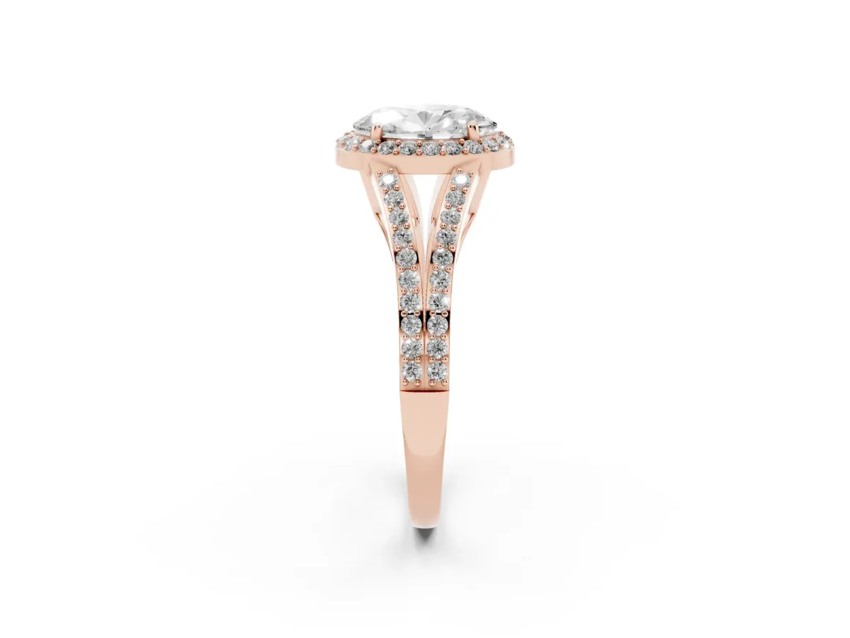 Oval Cut Halo Split Shank Diamond Ring with Prong Setting Rose gold