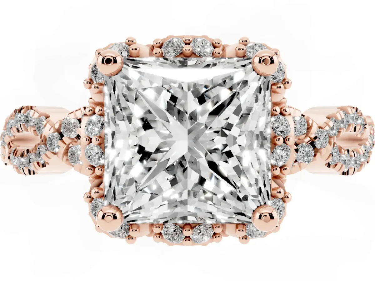 Princess Cut Halo Twist Band Solitaire Ring with Six-Prong Setting Rose gold
