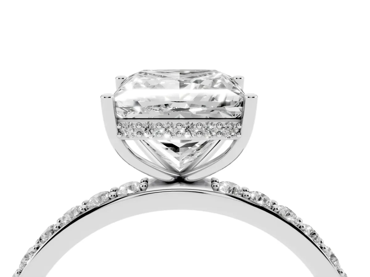 Princess Cut Diamond Solitaire Ring with Pavé Band and Hidden Halo Silver