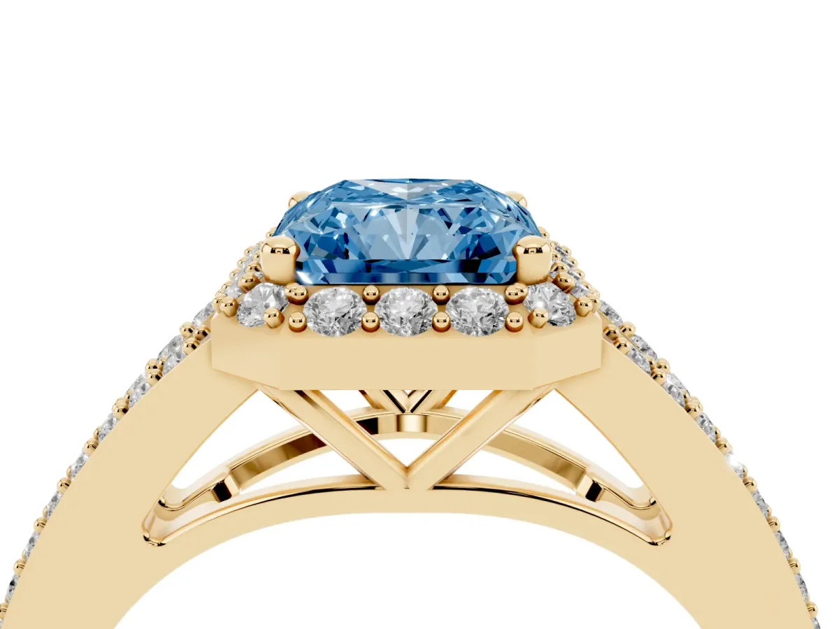 Fancy Blue Radiant Cut Halo Split Shank Diamond Ring with Prong Setting Yellow gold