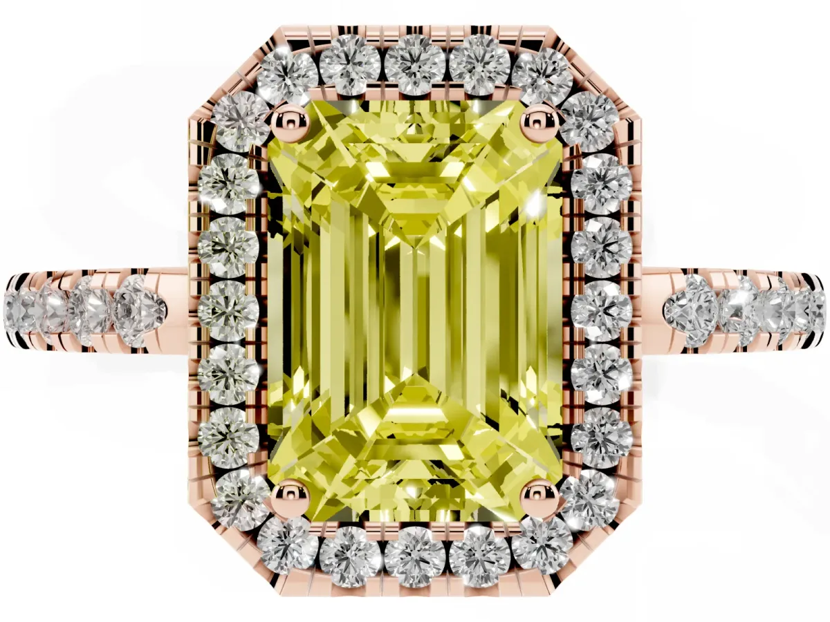 Fancy Yellow Emerald Cut Halo Diamond Engagement Ring with Pavé Band and Four-Prong Setting Rose gold