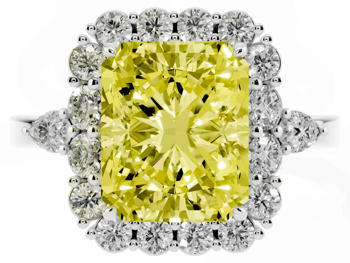 Fancy Yellow Radiant Cut Diamond Halo Ring with Pear Side Stones and Prong Setting Silver