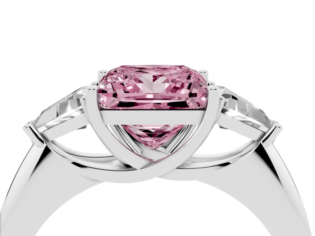 Fancy Pink Three-Stone Princess Cut Diamond Engagement Ring with Trillion Side Stones and Prong Setting White gold