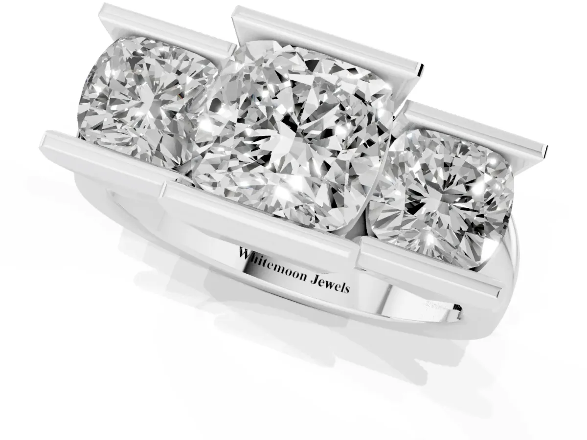 Three Stone Cushion Cut Cut Channel Set Diamond Ring Silver