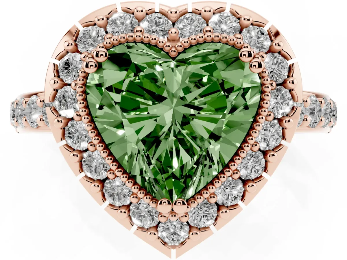 Fancy Green Heart Cut Diamond Halo Ring with Pavé Band and Prong Setting Rose gold