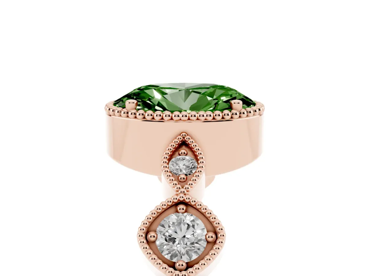 Fancy Green Oval Cut Diamond Vintage Milgrain Ring with Round Stations Rose gold
