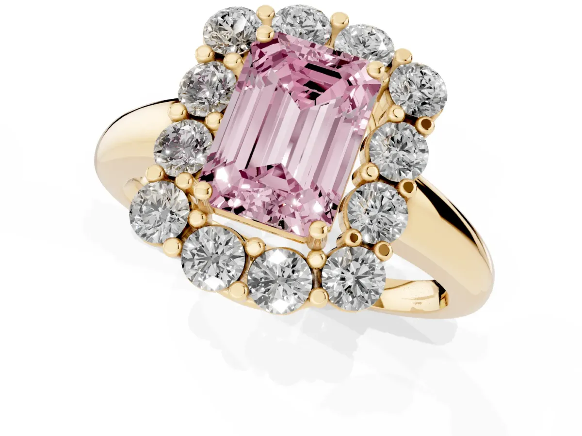 Fancy Pink Emerald Cut Halo Cluster Diamond Engagement Ring with Prong Setting and Polished Band Yellow gold