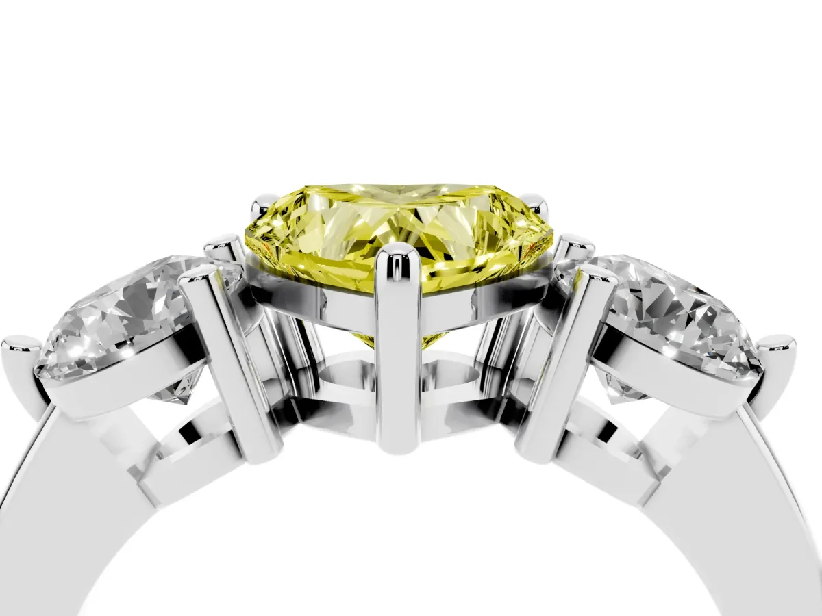 Fancy Yellow Three-Stone Heart Cut Brilliant Cut Solitaire Ring with Prong Setting on a Classic Band Silver