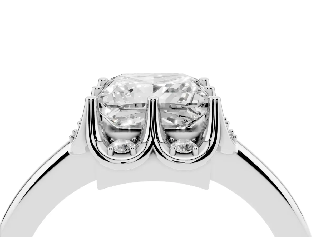 Princess Cut Halo Diamond Ring with Round Cluster Setting, Solitaire Band, and Four-Prong Setting White gold